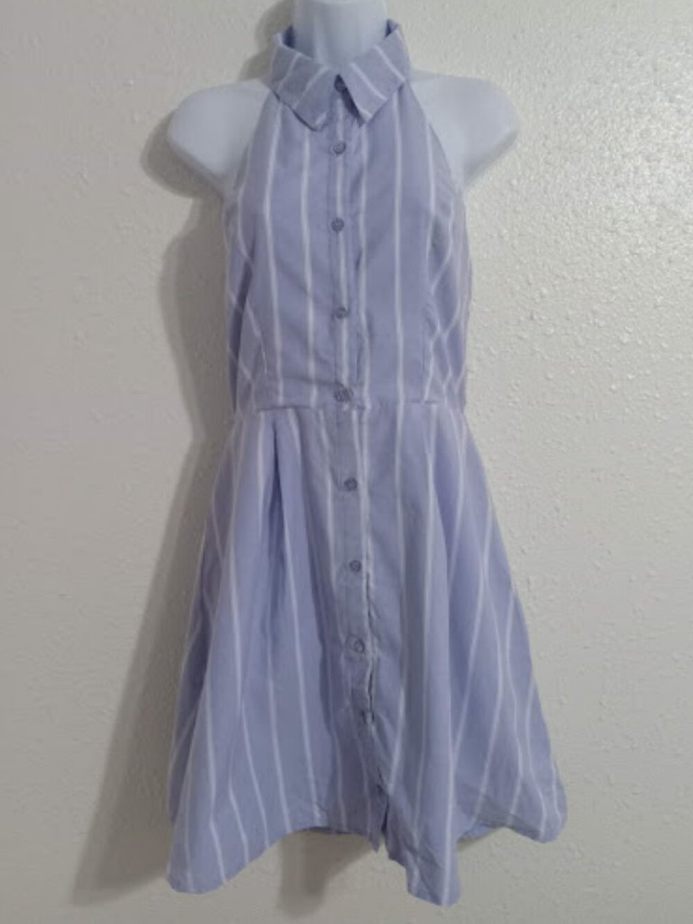 Thread Story - Sleeveless Collared Button-Front Light Blue Stripe Dress